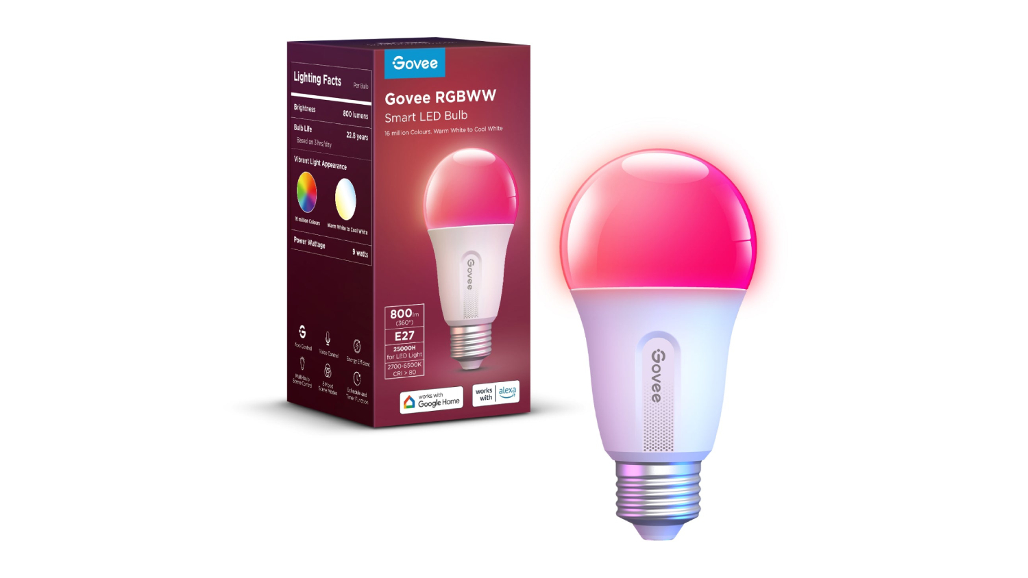 Govee E27 Smart LED Lightbulb with Wi-fi, Bluetooth Connectivity