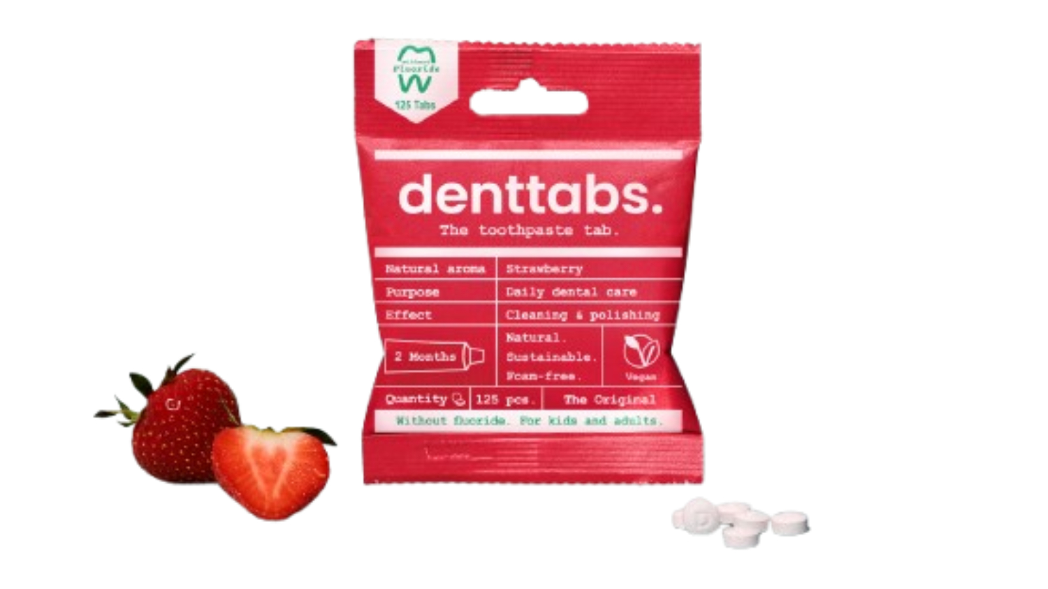 Denttabs Sustainable Toothpaste Tablets Two Month Supply Pack - Strawberry Fluoride-Free
