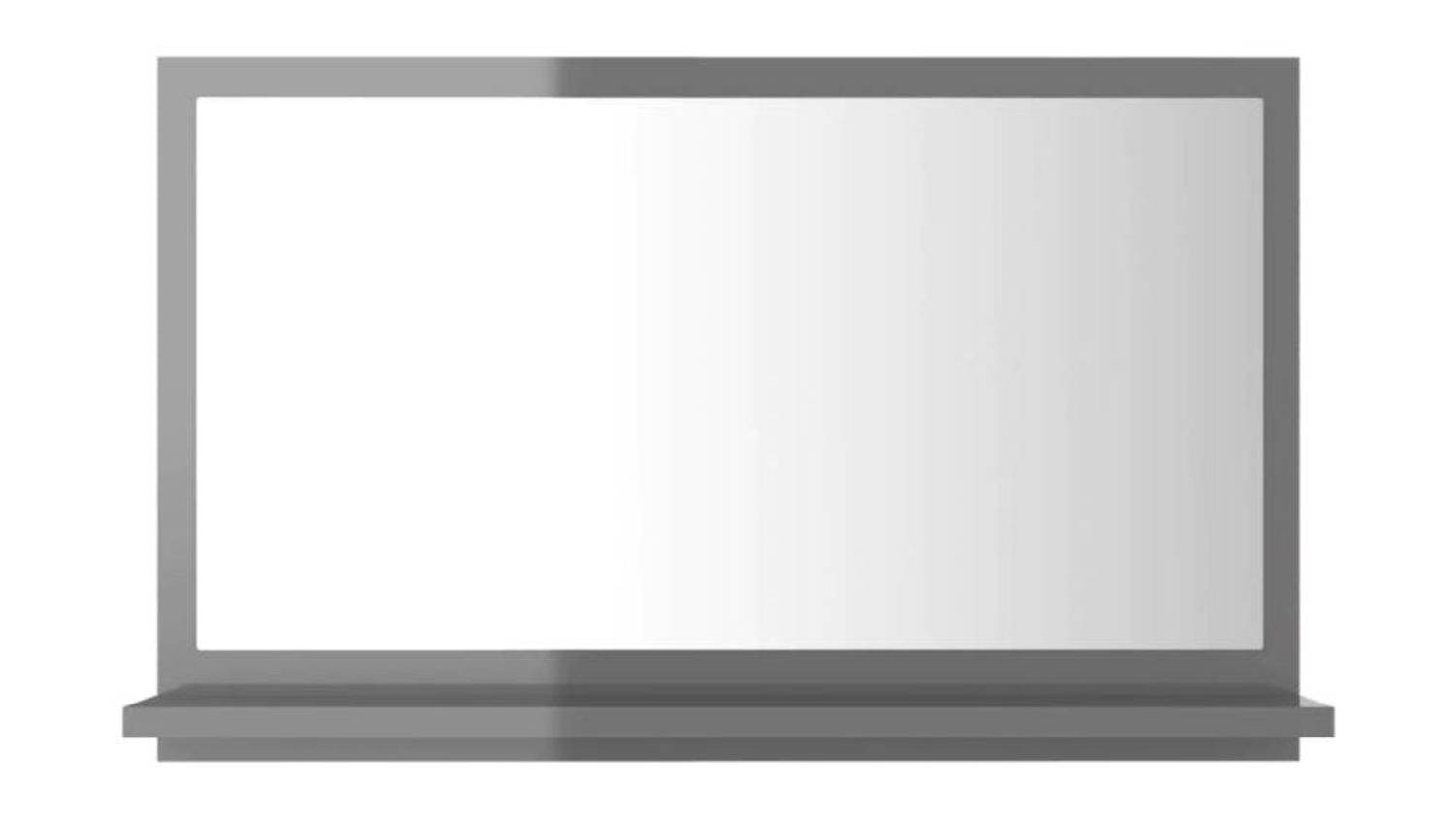 A rectangular gloss grey-framed bathroom mirror with a slim frame and an integrated bottom shelf