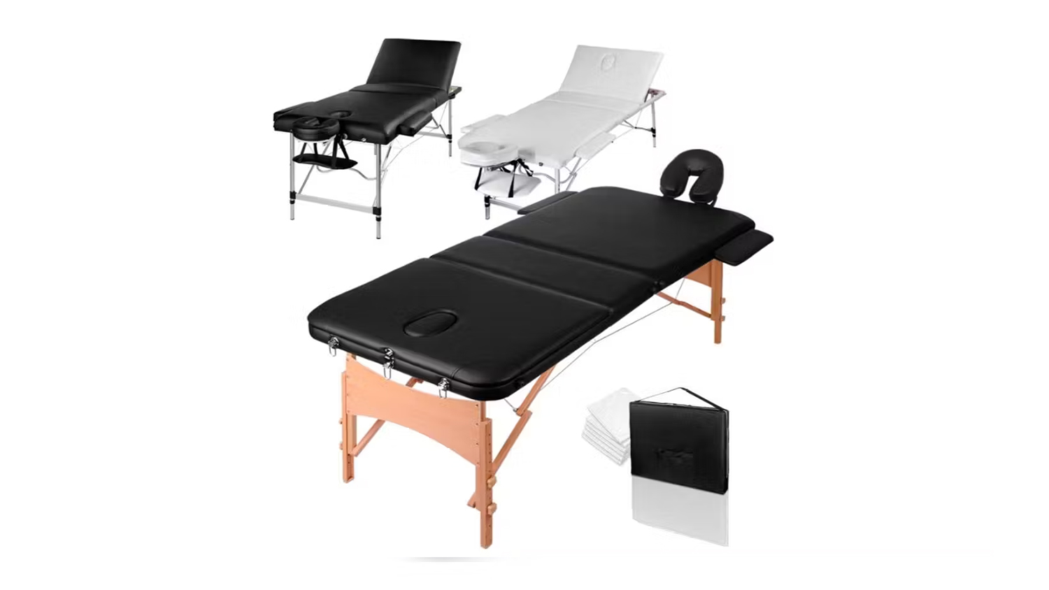 TSB Living Portable Folding Massage Table with Wooden Frame, Carry Case - Black