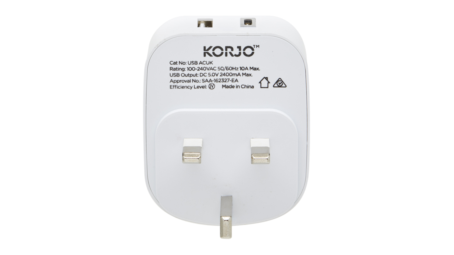 Korjo Travel Adapter with USB-A & USB-C Port for UK - White (USBACUK)