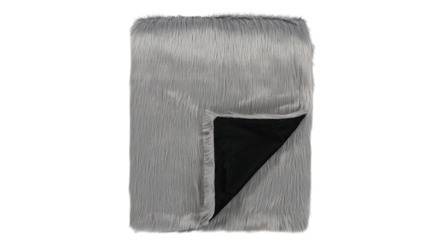 A silver grey faux fur blanket with a black underside, partially folded to show the contrasting inner lining