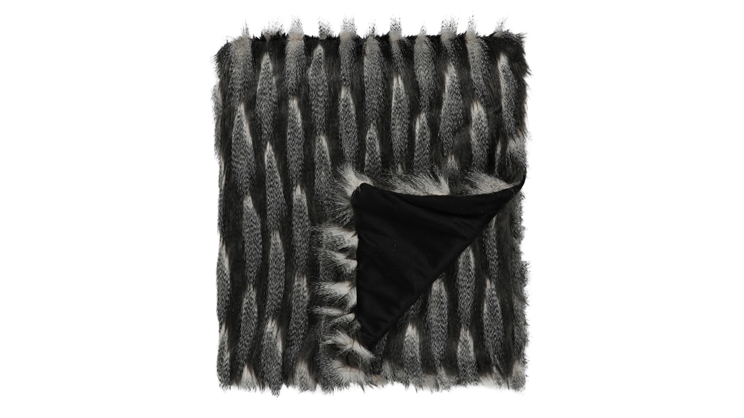 A charcoal-coloured fur blanket, partially folded to show its black lining