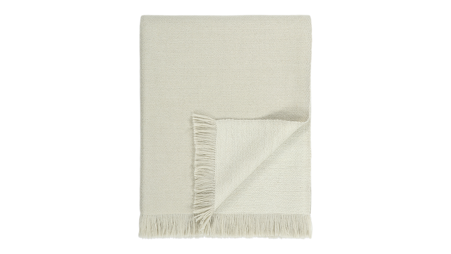 A Chester ecru-coloured throw blanket neatly folded, featuring fringed edges