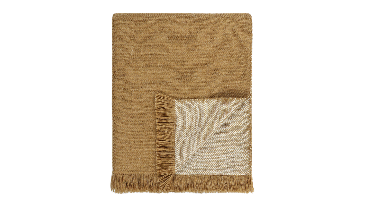 A Chester toffee-coloured throw blanket neatly folded, featuring fringed edges