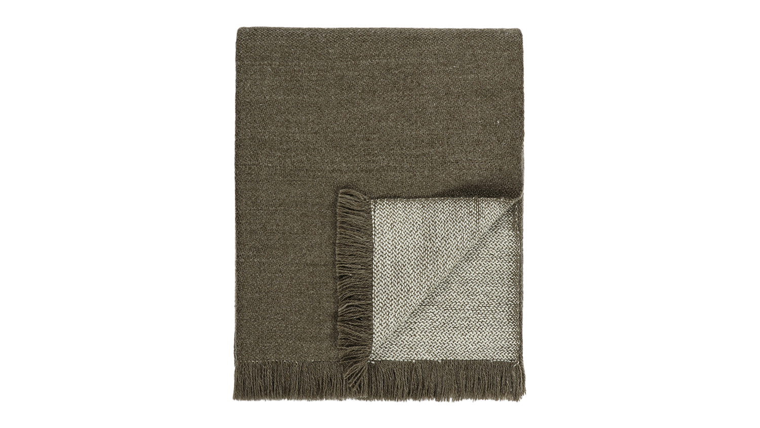 A Chester olive-coloured throw blanket neatly folded, featuring fringed edges