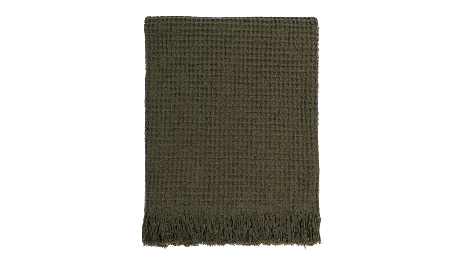 A Celine olive-coloured waffle weave throw blanket neatly folded, featuring fringed edges