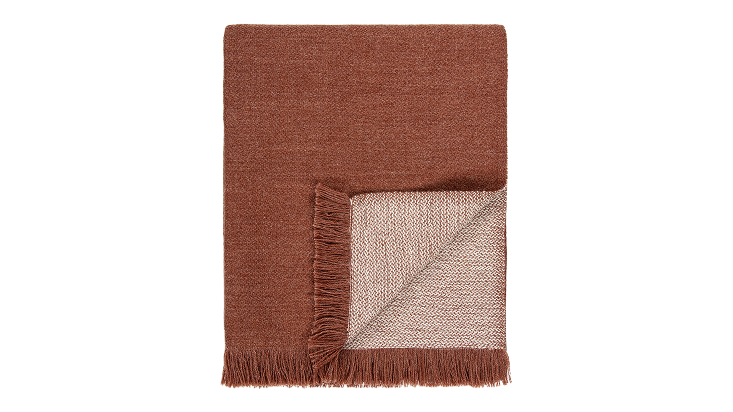A Chester brick-coloured throw blanket neatly folded, featuring fringed edges