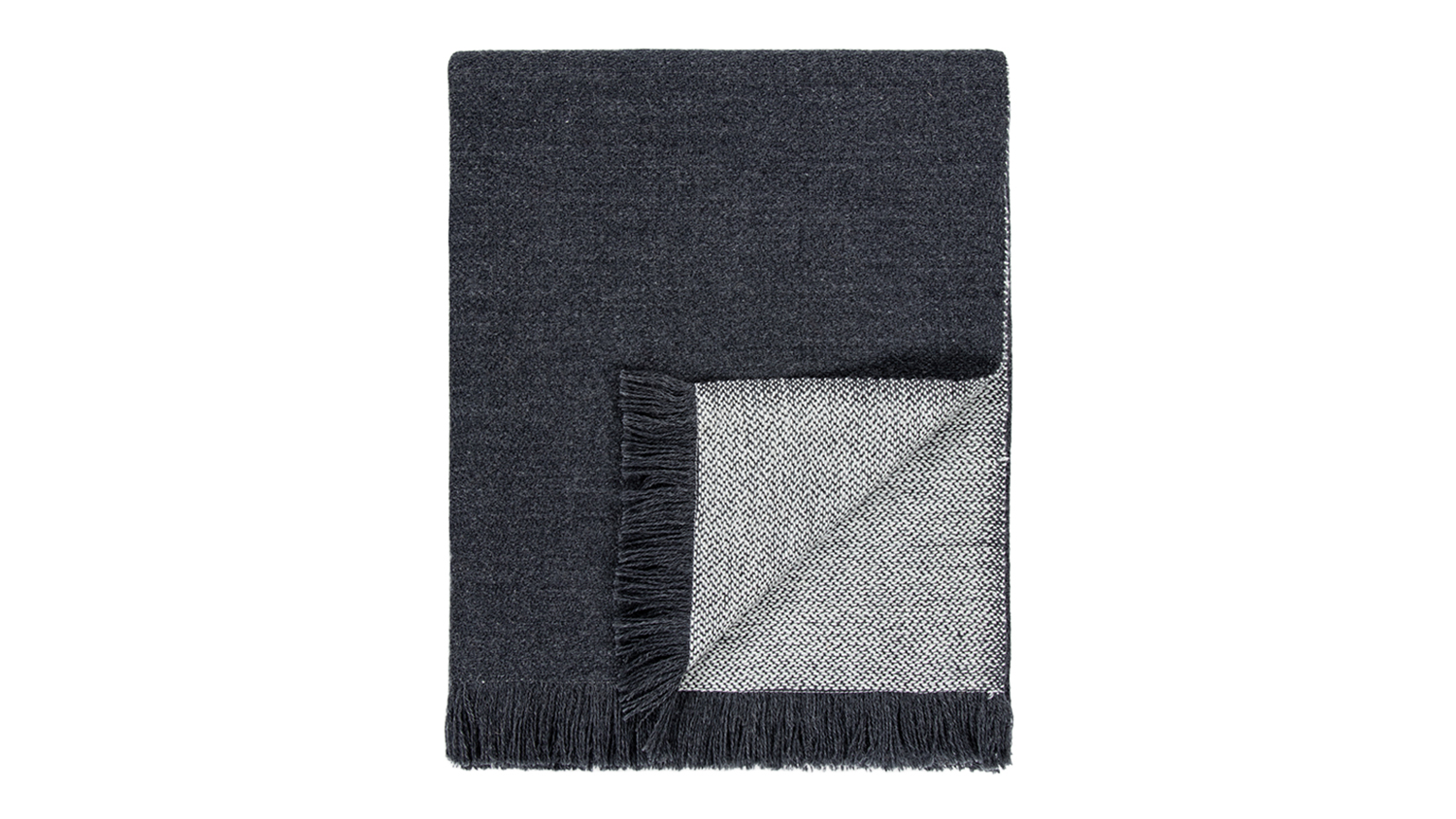 A Chester navy-coloured throw blanket neatly folded, featuring fringed edges