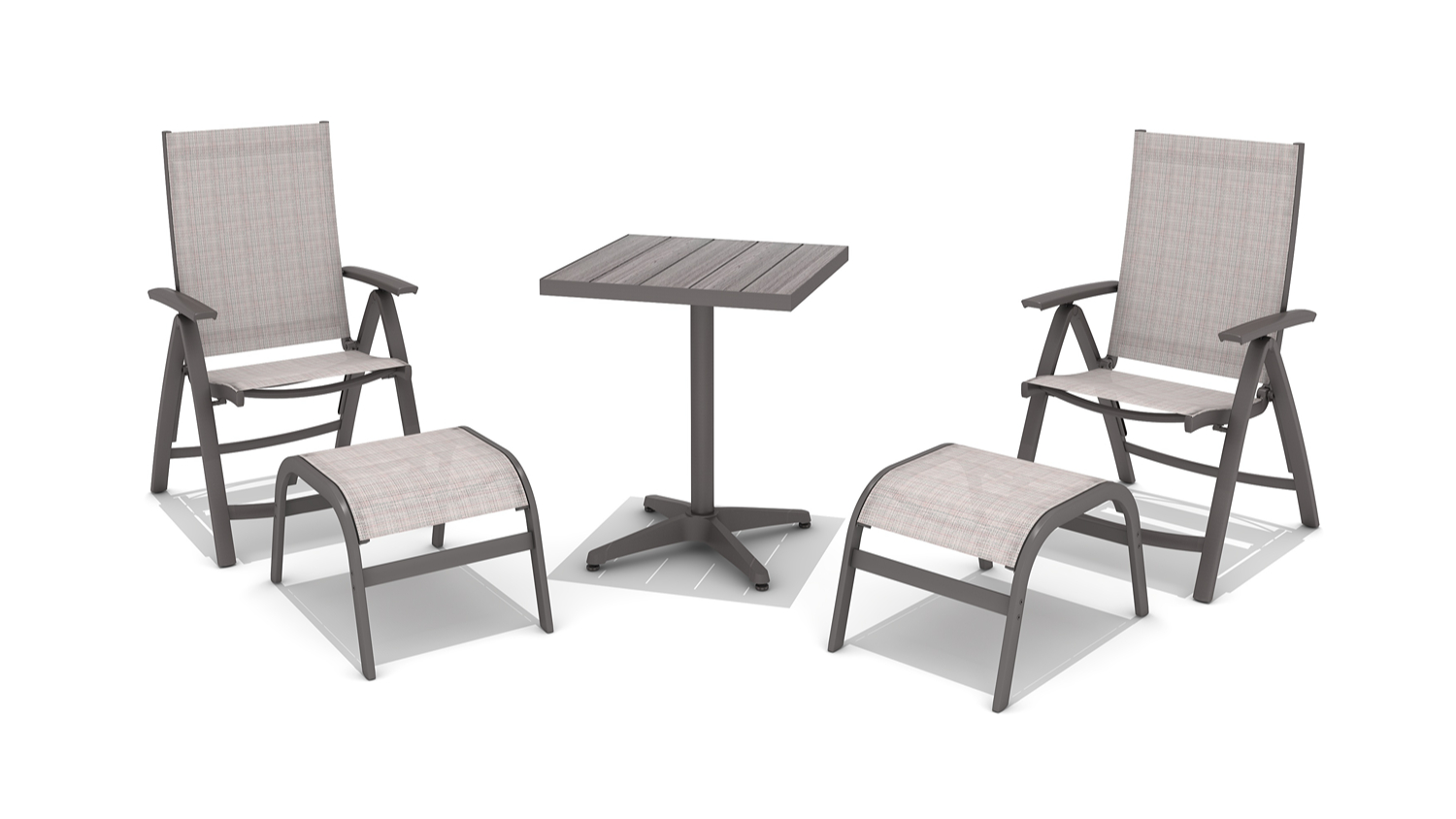 A contemporary patio set with two chairs, two footrests, and a table.
