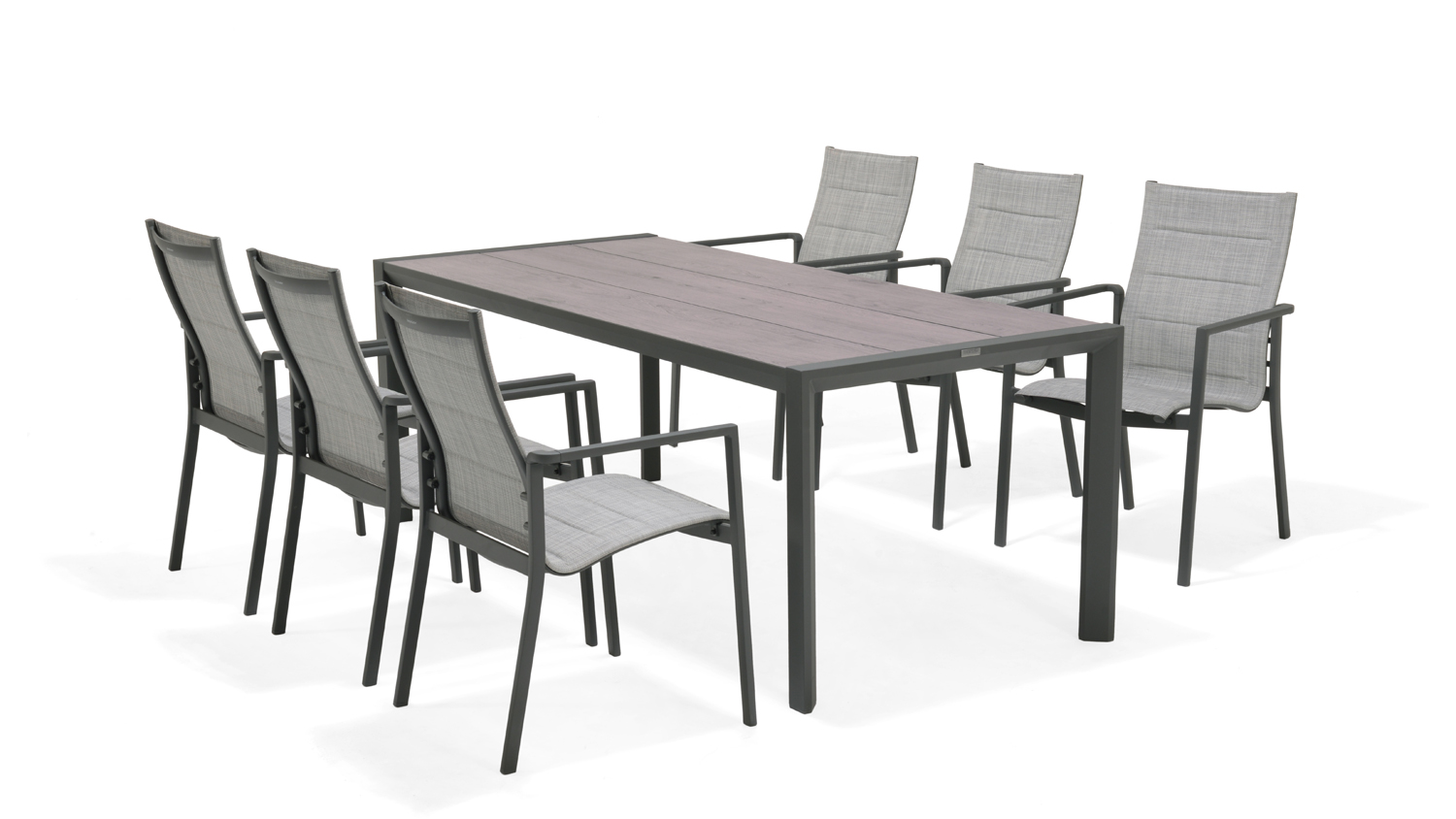 An outdoor furniture set, featuring a rectangular dining table and six matching chairs.