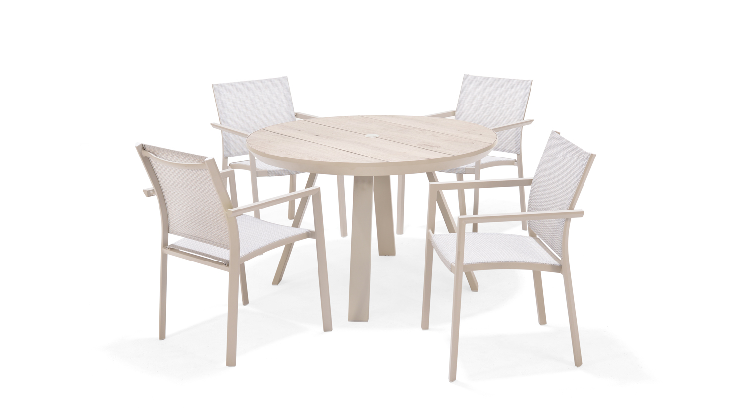 An outdoor furniture set, featuring a round dining table and four matching chairs.