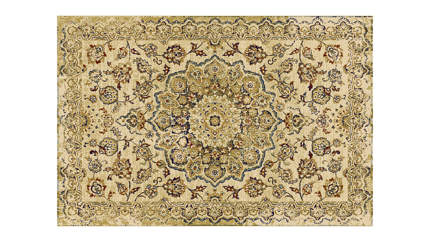 Rectangular Amelie Rug with floral and medallion patterns in ivory, beige, blue, and brown