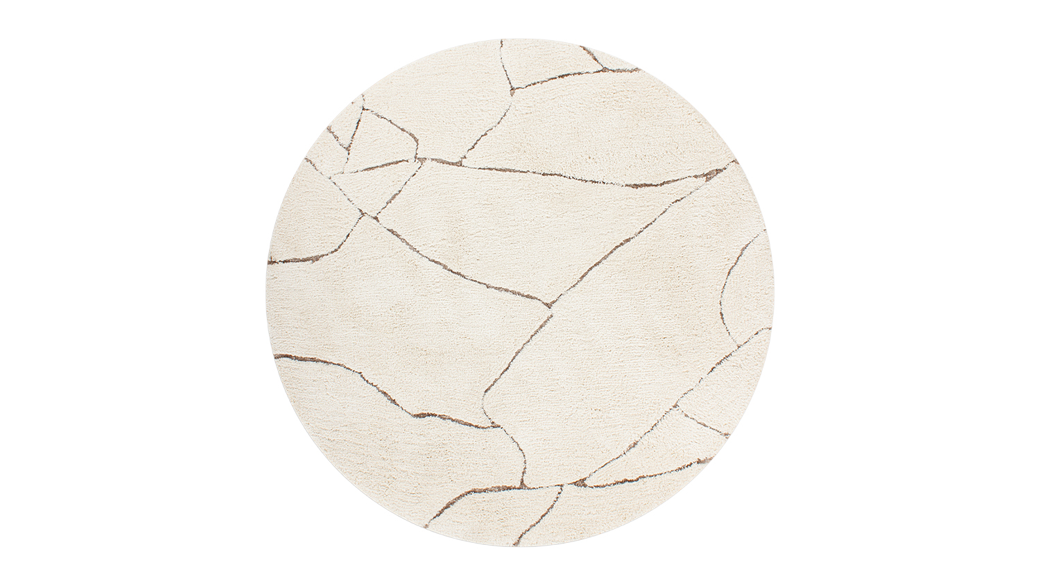 Round ivory rug with abstract dark brown lines forming a cracked pattern