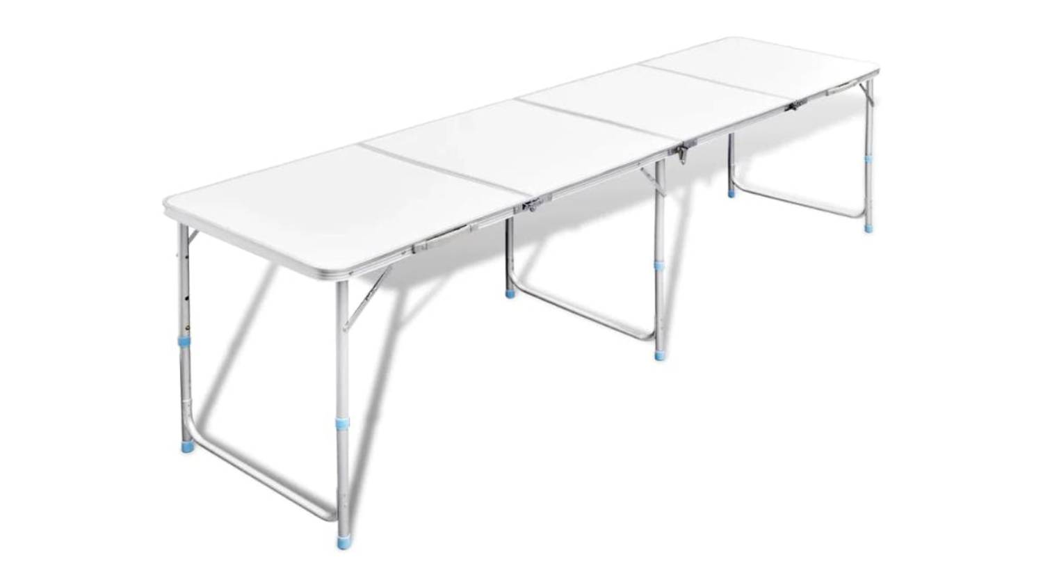 A long, white foldable camping table with aluminum legs and blue end caps