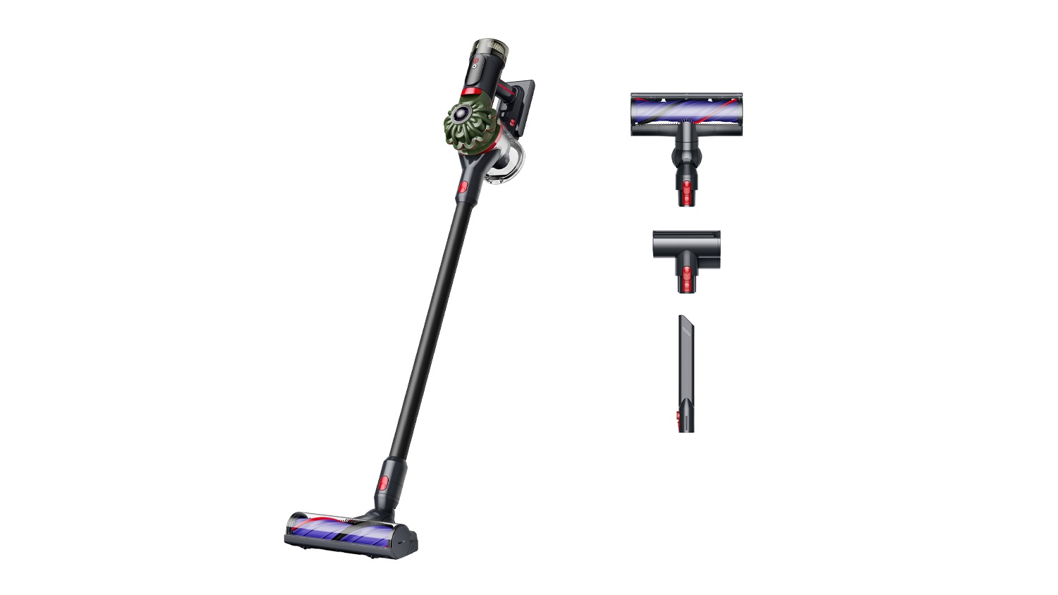 A side-angled Dyson V8 Cyclone vacuum cleaner with various attachments beside it.