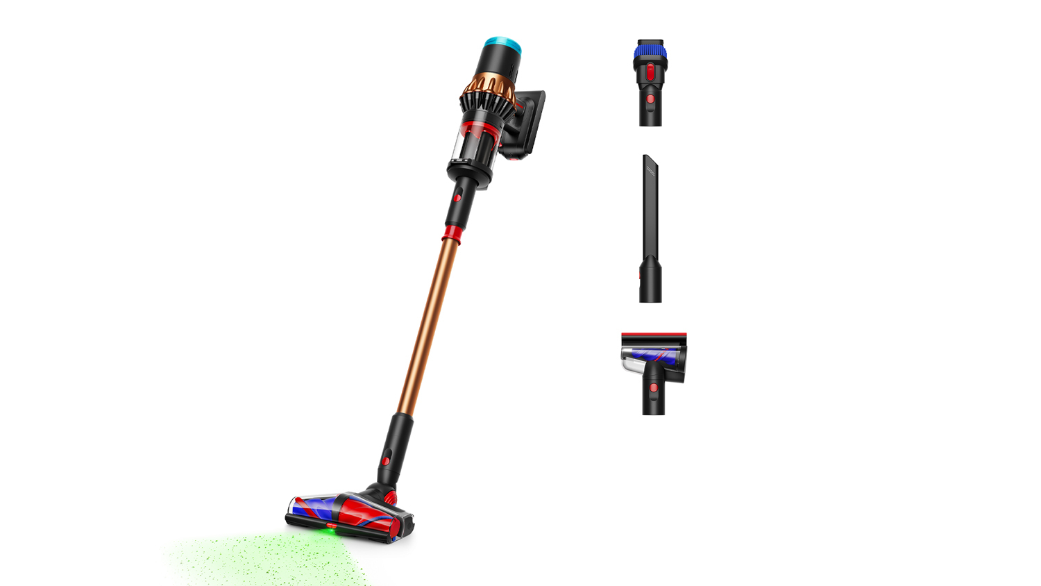 A side-angled Dyson V16 Piston Animal Vacuum Cleaner with its light switched on and attachments shown vertically.