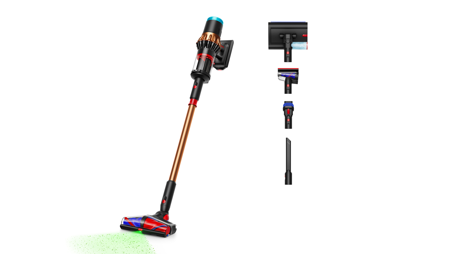 A side-angled Dyson V16 Piston Animal Submarine Vacuum Cleaner with its light switched on and attachments shown vertically.