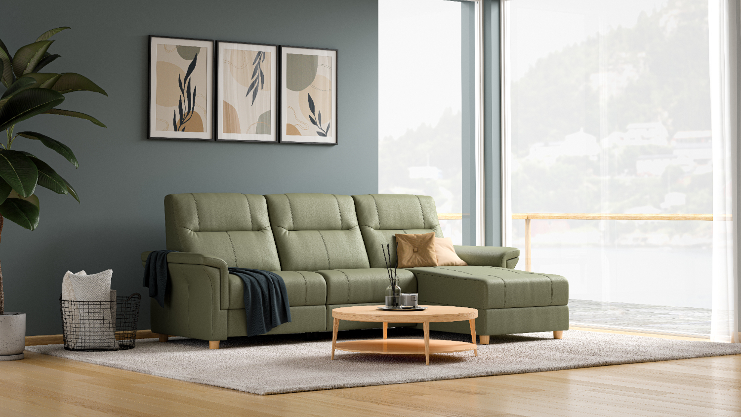 Melbourne 3 Seater Electric Recliner Sofa with Chaise – Prime Leather - Olive