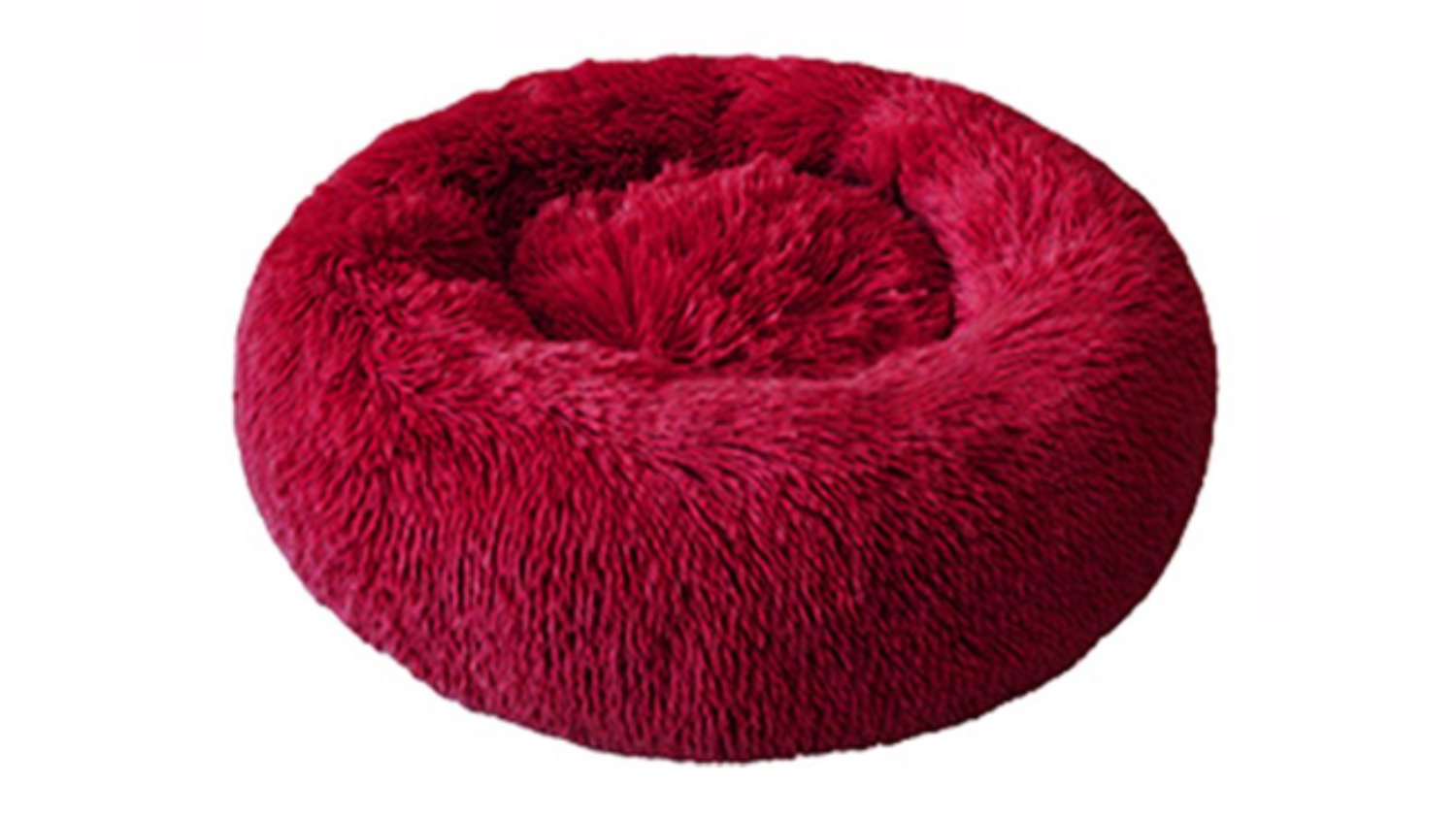 A round, fluffy, red pet bed designed for small animals like cats or dogs.