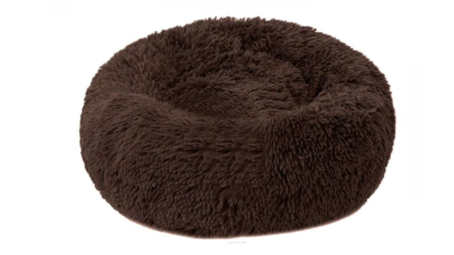A round, fluffy, brown pet bed designed for small animals like cats or dogs.