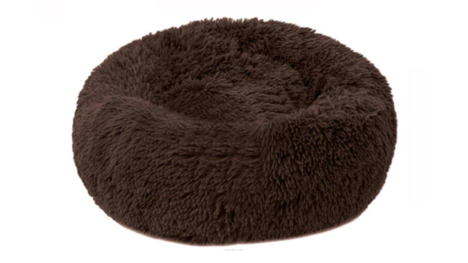 A round, fluffy, brown pet bed designed for small animals like cats or dogs.