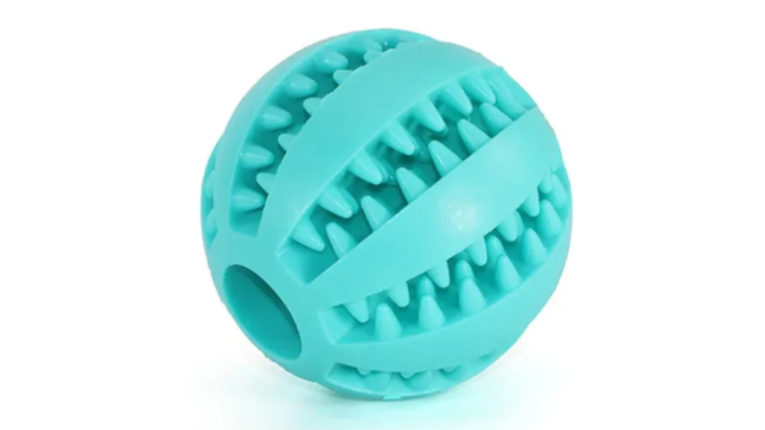 A textured cyan rubber ball with raised ridges and a hole