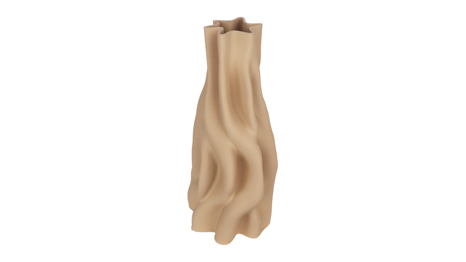 A tall, ceramic vase with a unique, sculptural design in a light tan colour