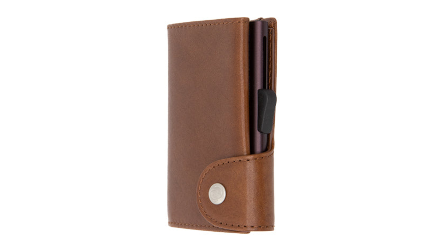 A brown leather wallet with visible stitching and a snap button closure. 