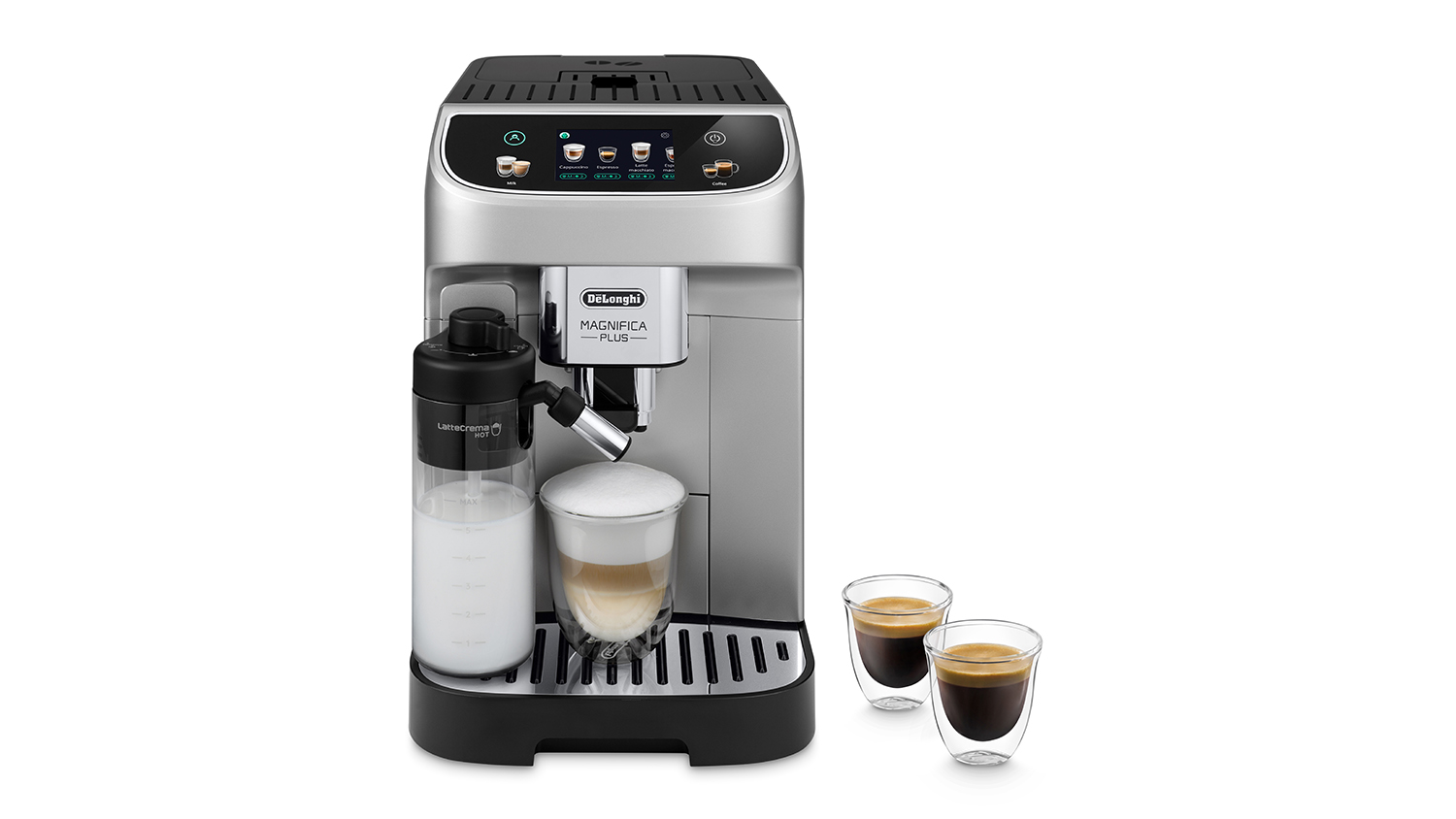 A front view of the De'Longhi Magnifica Evo Fully Automatic Espresso Machine with two cups of espresso on the right side