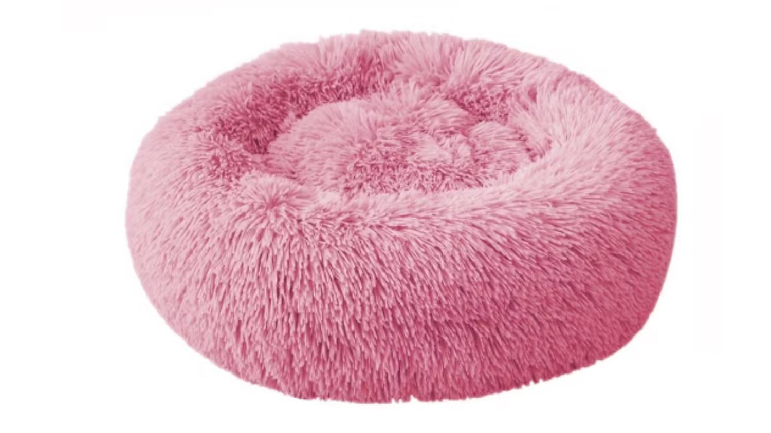 A round, fluffy, pink pet bed designed for small animals like cats or dogs.