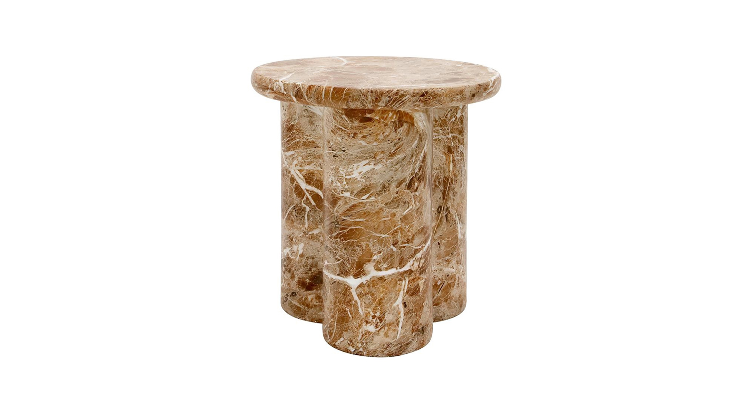 A round brown marble side table with a thick top and three cylindrical legs.