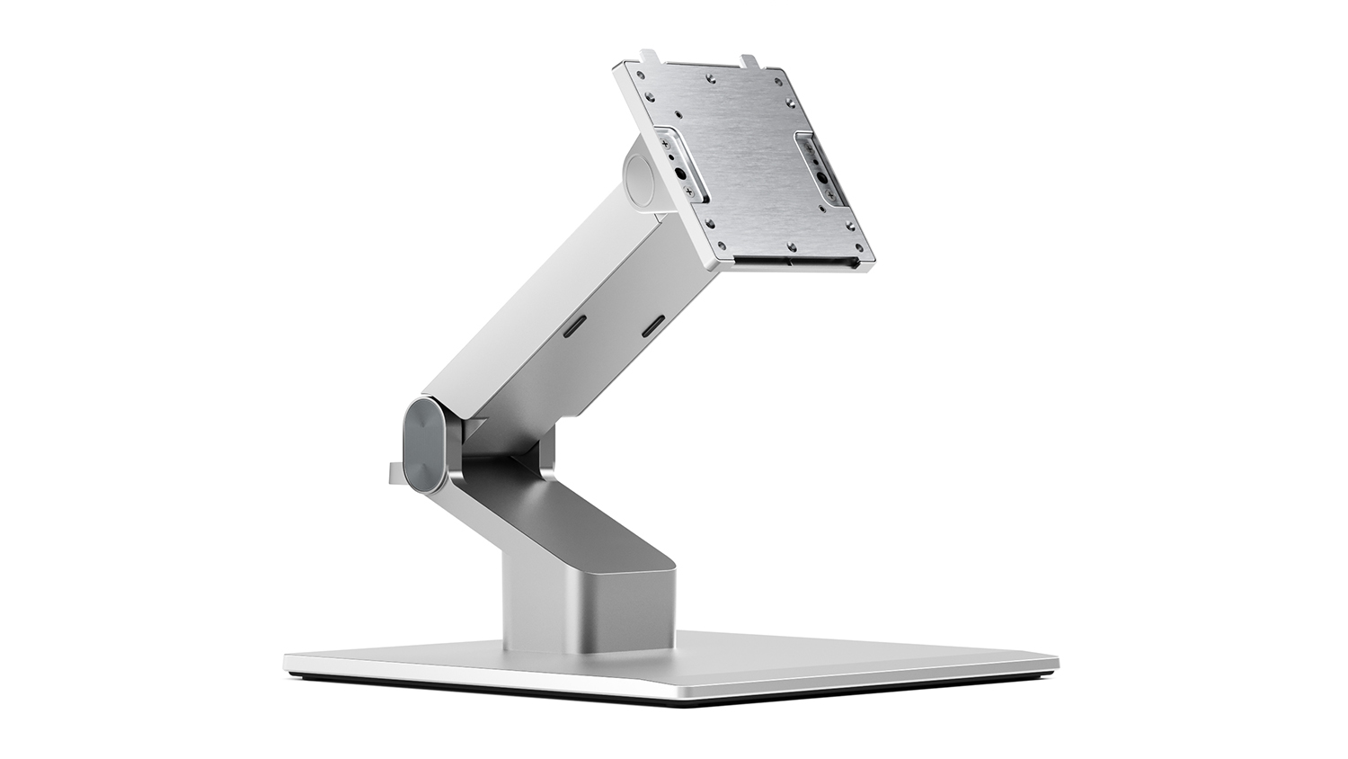 A silver monitor fold stand with an adjustable arm.