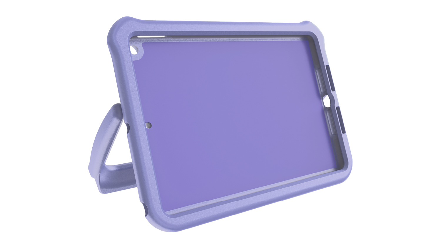 A purple Zagg Orlando Kids Tablet Case is shown from the front and side, with its stand propped to hold the case at an angle.