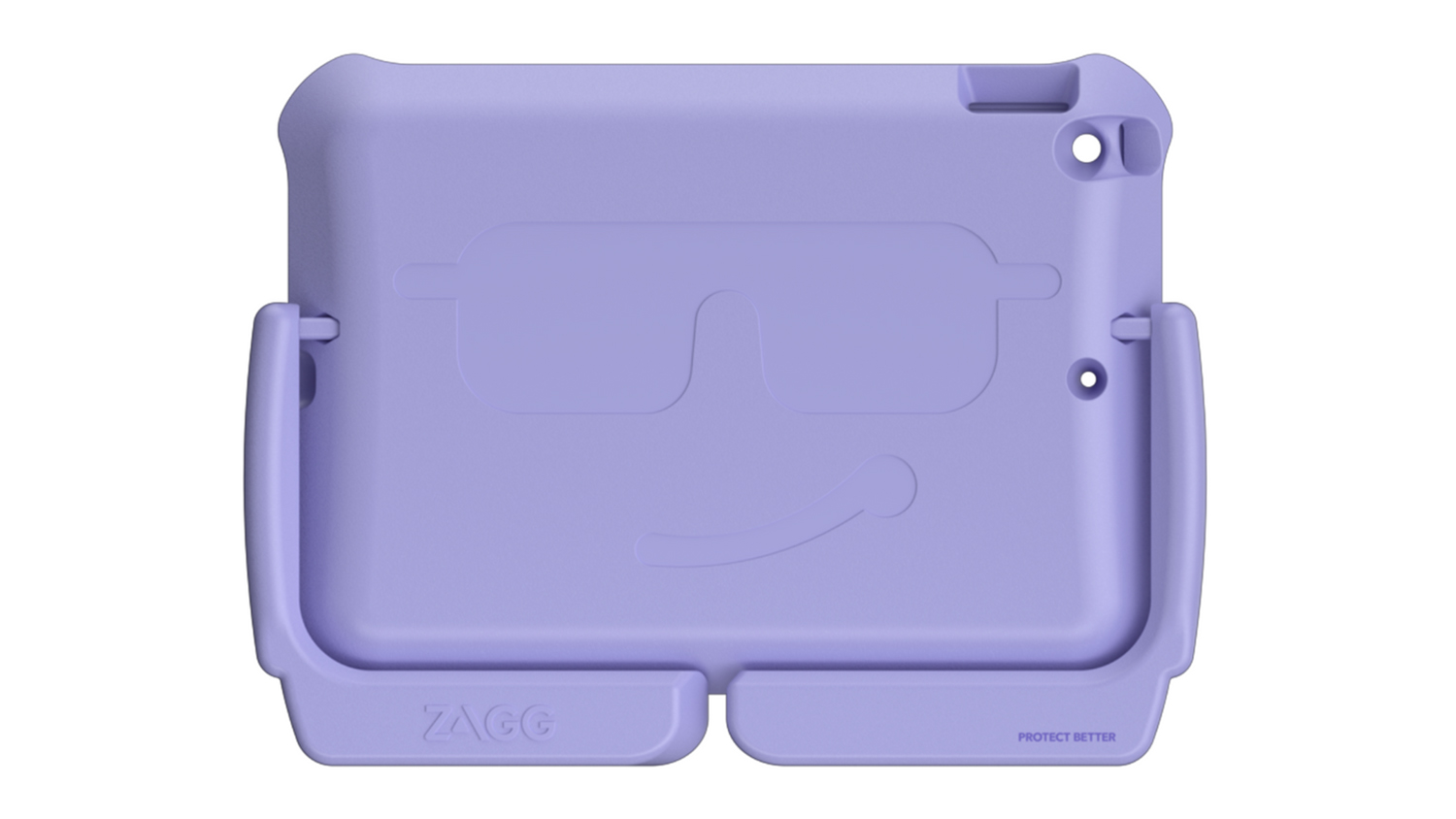 A Zagg Orlando iPad Case with a smiley face and sunglasses design on the back, shown from a straight-on view with the stand folded down.