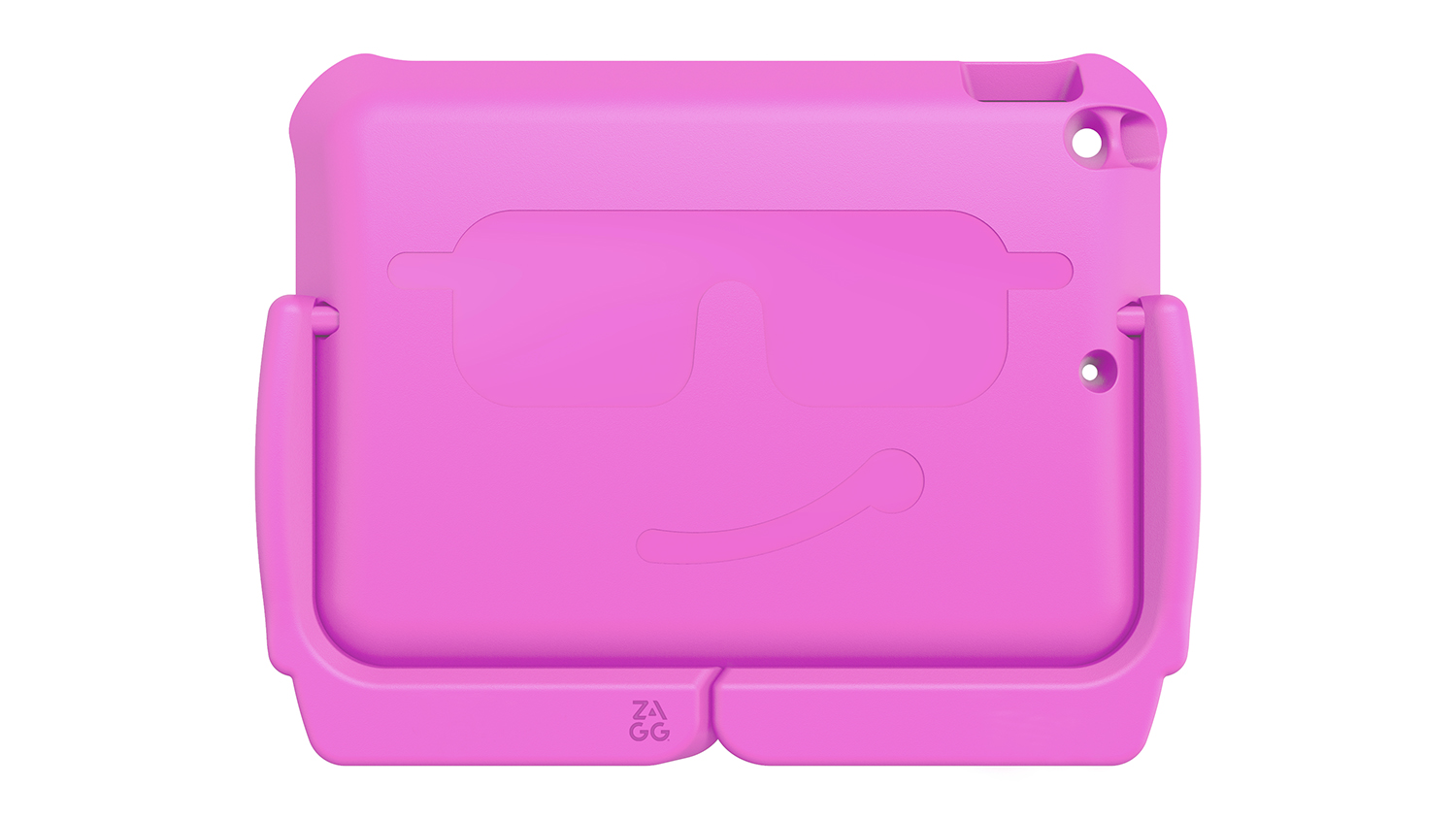 A Zagg Orlando iPad Case with a smiley face and sunglasses design on the back, shown from a straight-on view with the stand folded down.