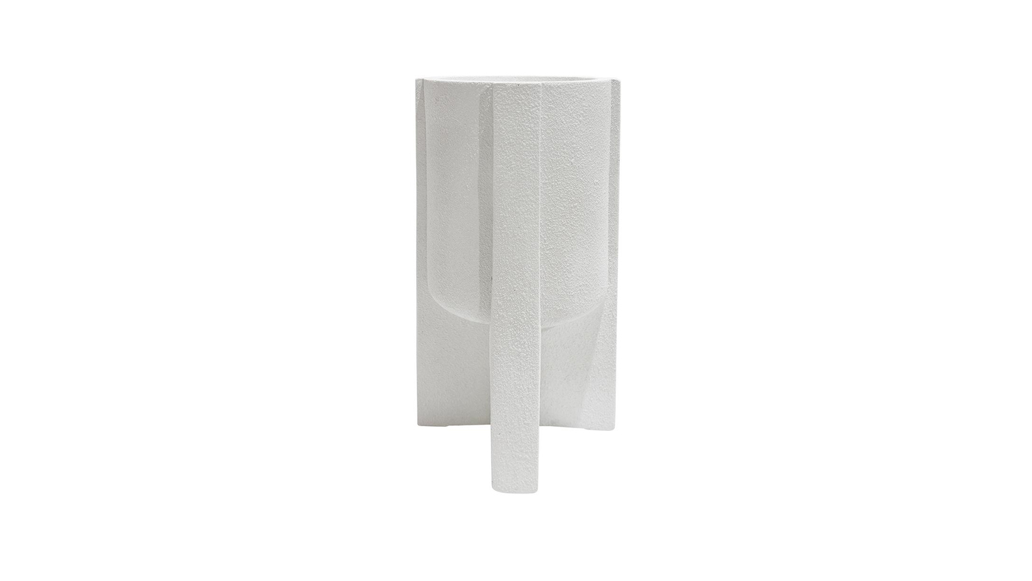 A white textured cylindrical planter with a vertical leg.