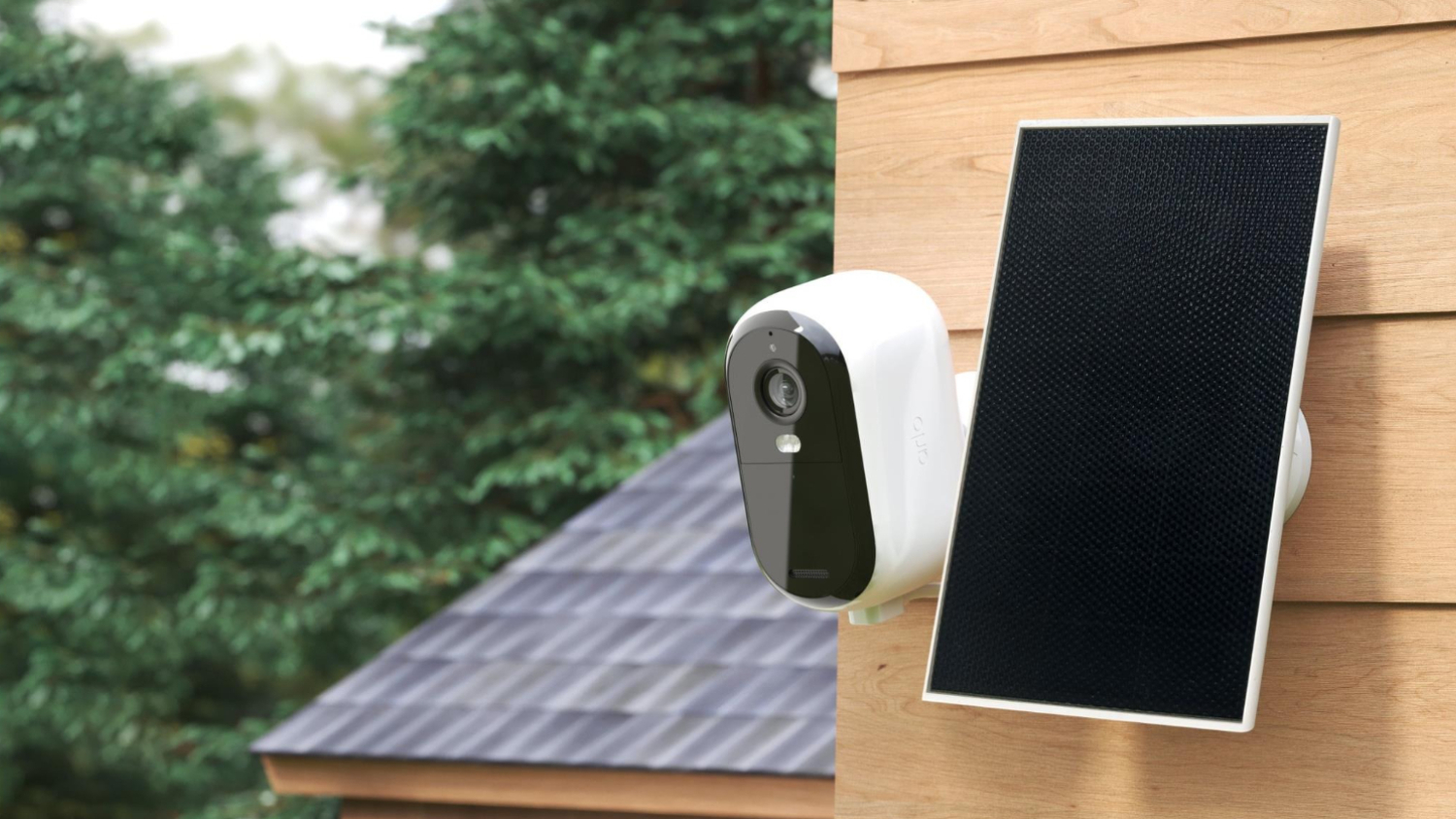 A light brown wall with an Arlo Camera and Solar Charger mounted on it.