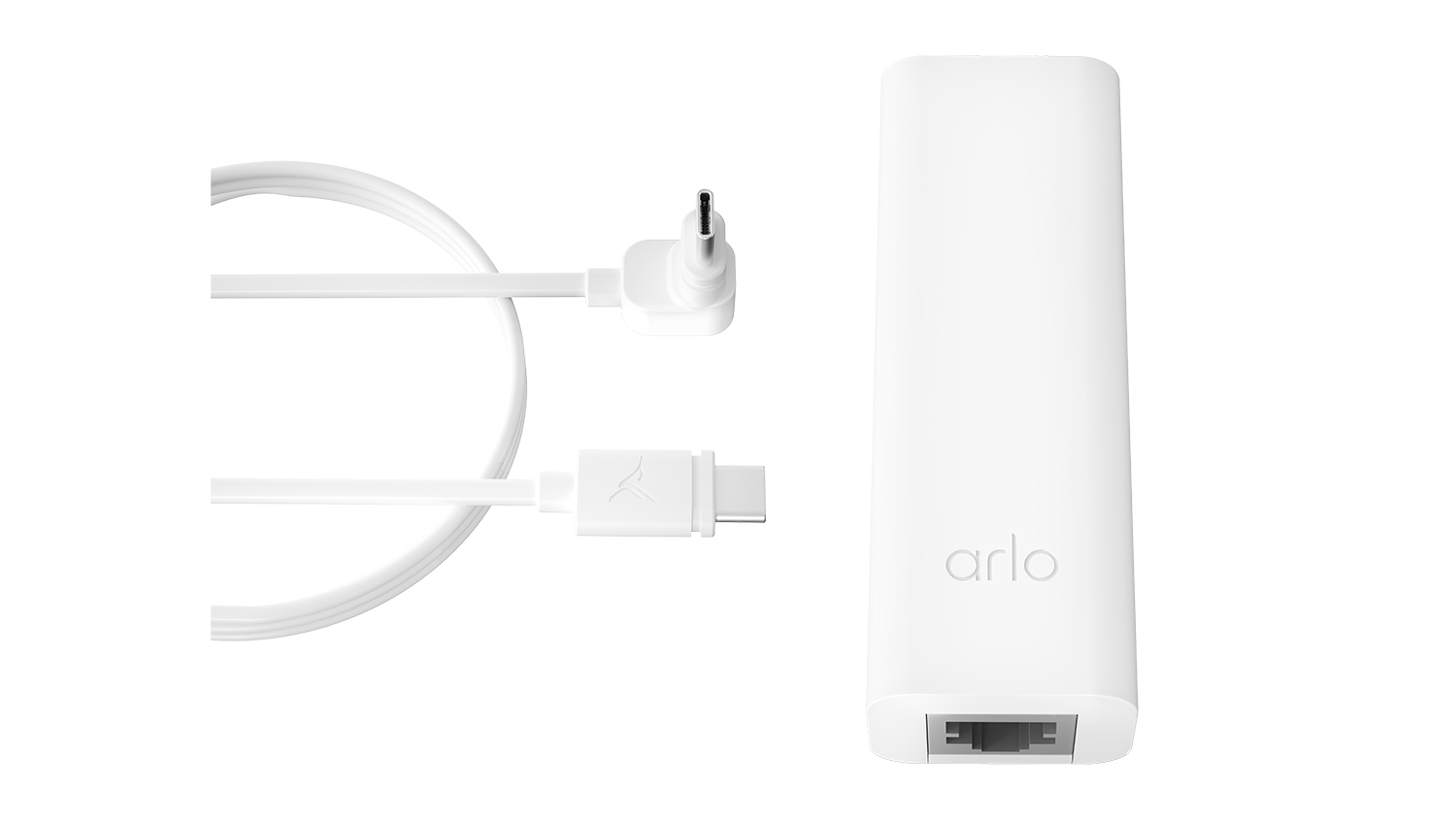A white Arlo PoE Adapter with a USB-C cable beside it.