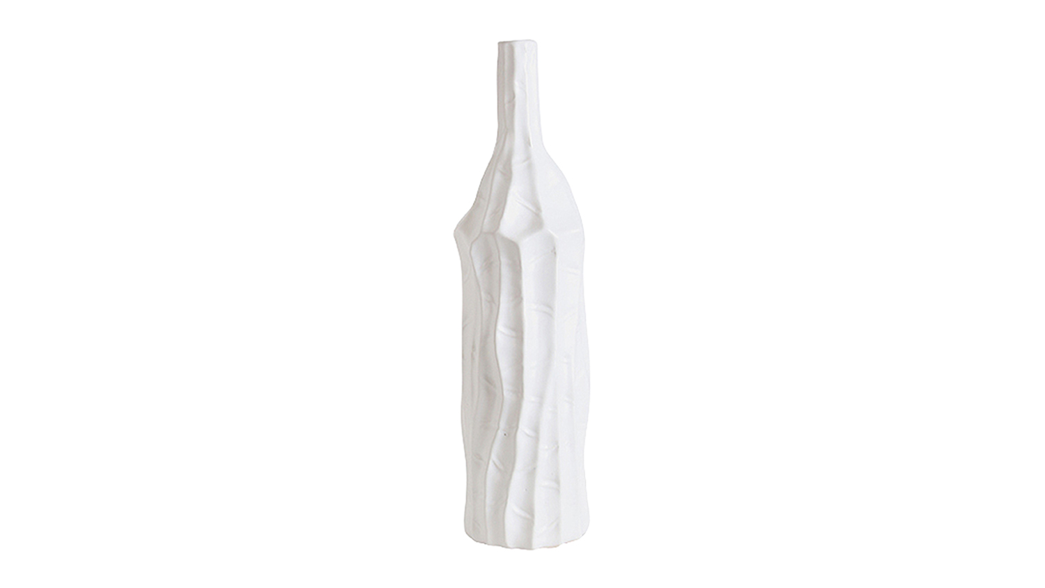 A white ceramic bottle vase with an irregular, textured ribbed surface