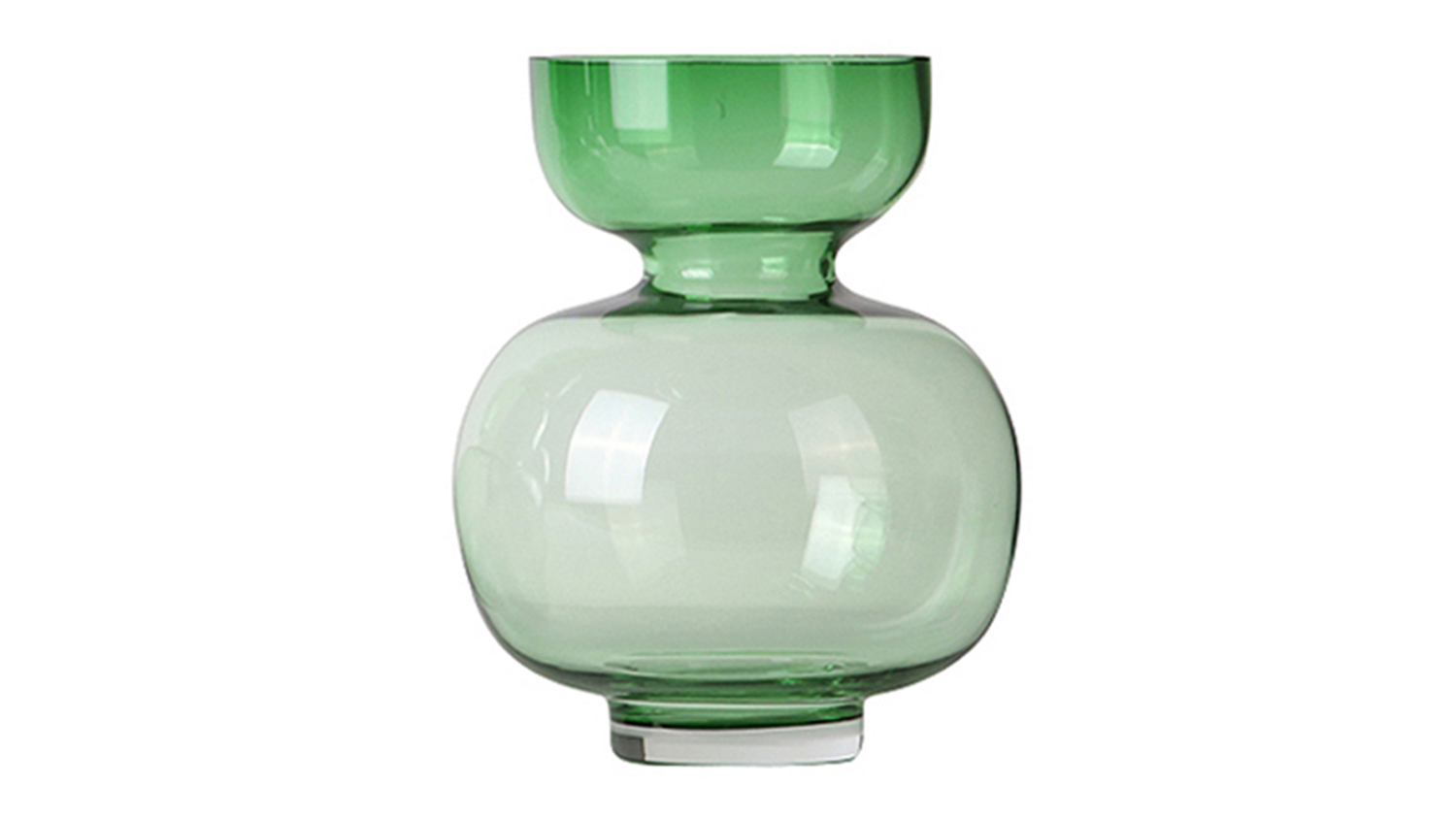 A transparent green glass vase, featuring a wide, rounded base and a tiered design