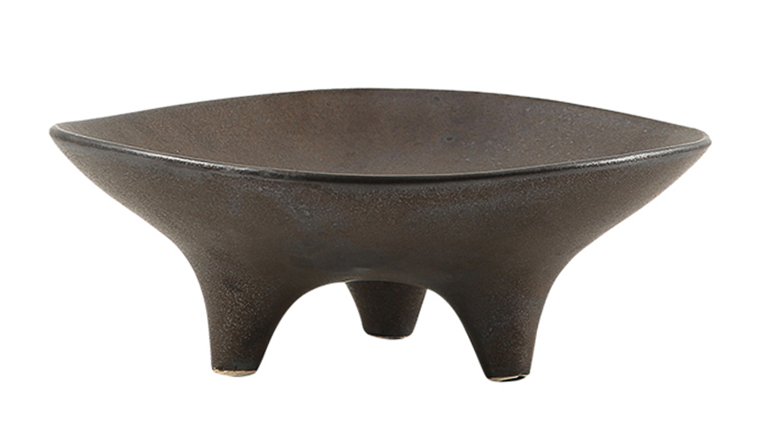 A close-up of a modern tripod-footed decorative plate.