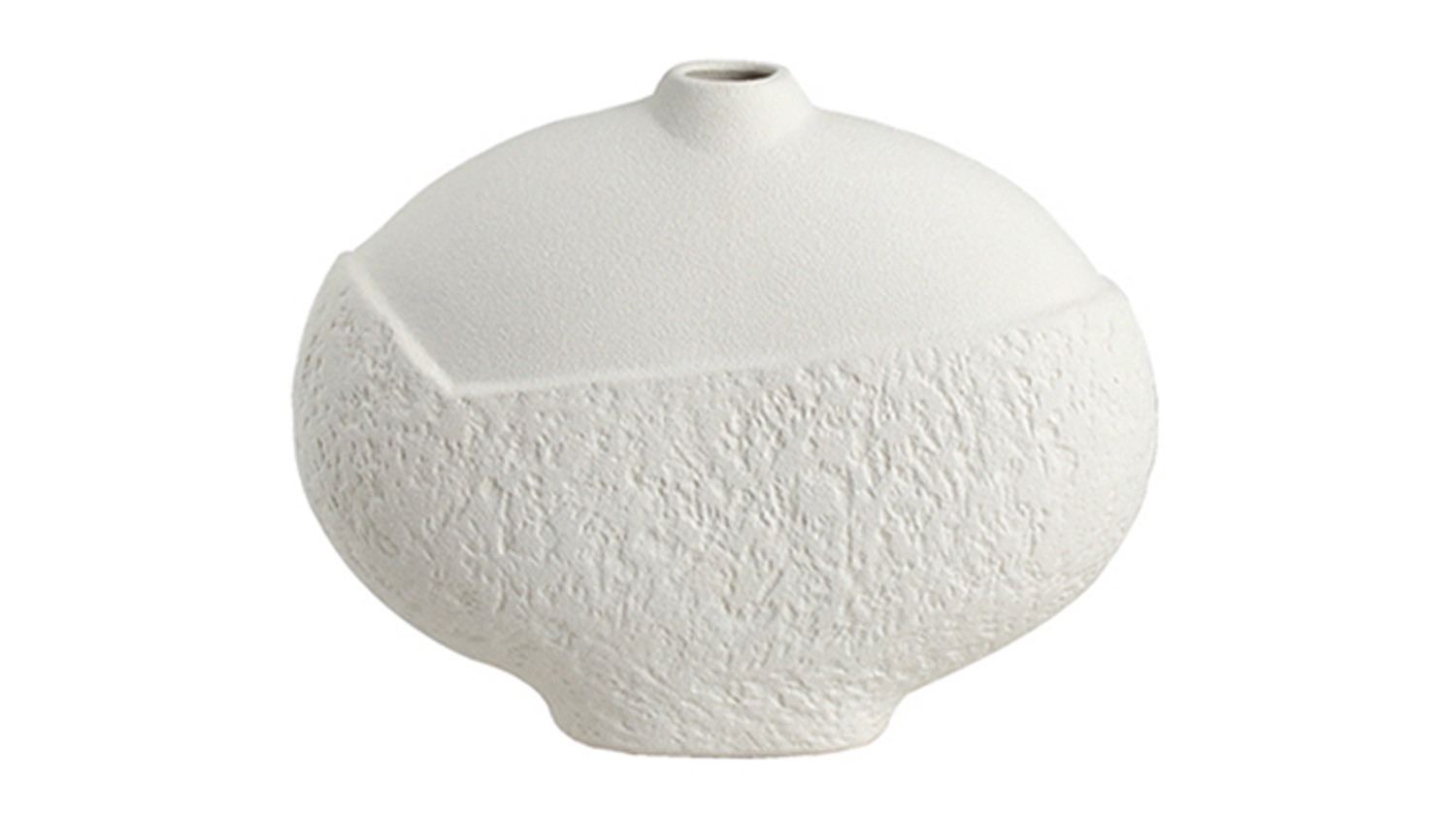 A small cream vase with dual-texture design, featuring a smooth upper half and a rough lower half