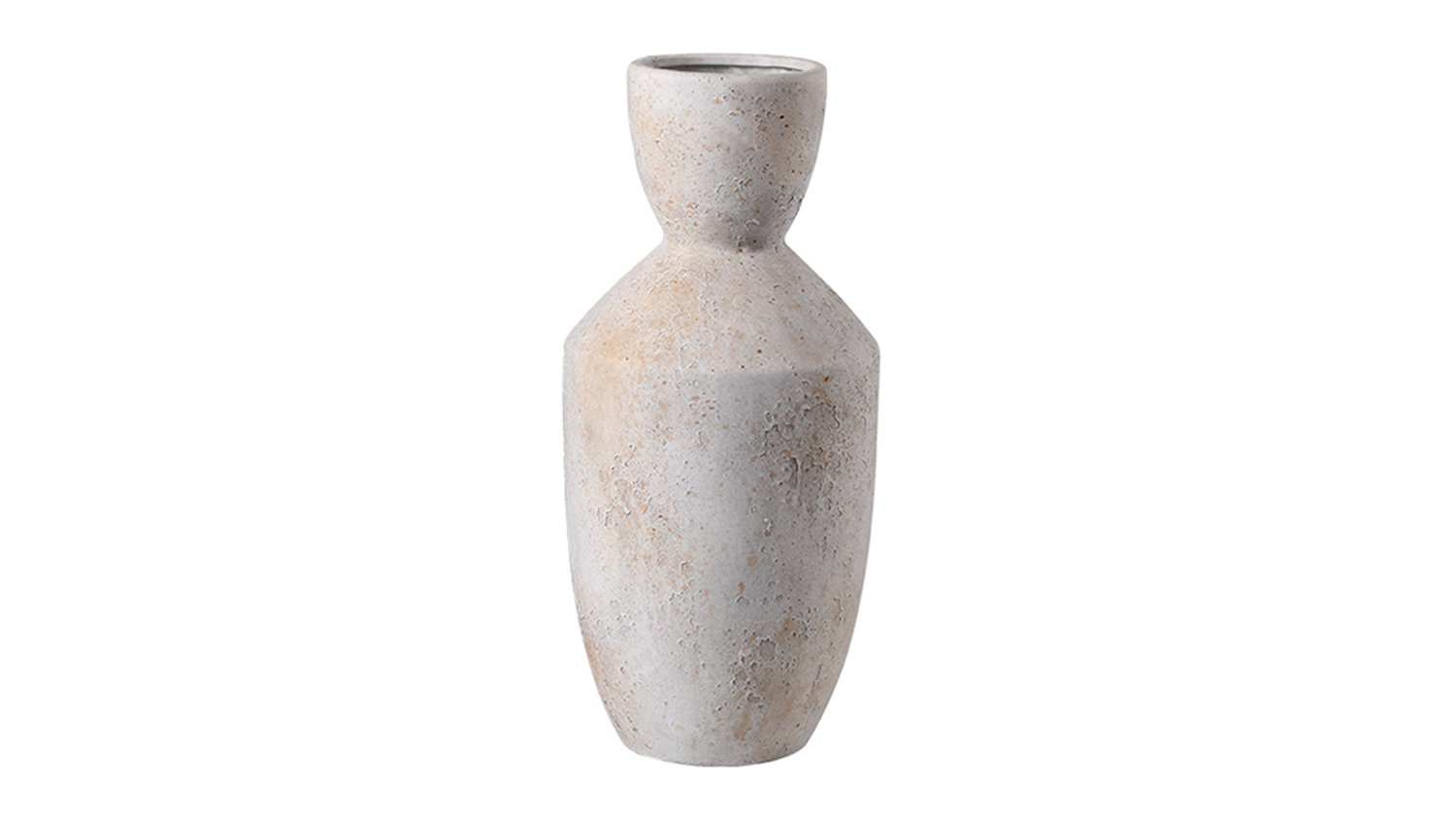 A modern ceramic vase with a unique silhouette and a rustic, beige finish