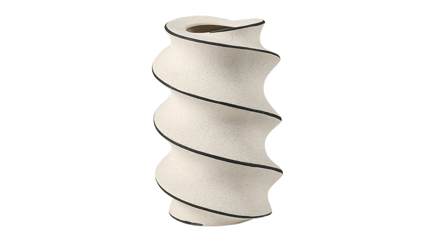 A textured, cream-coloured ceramic vase with a spiralling, twisted design