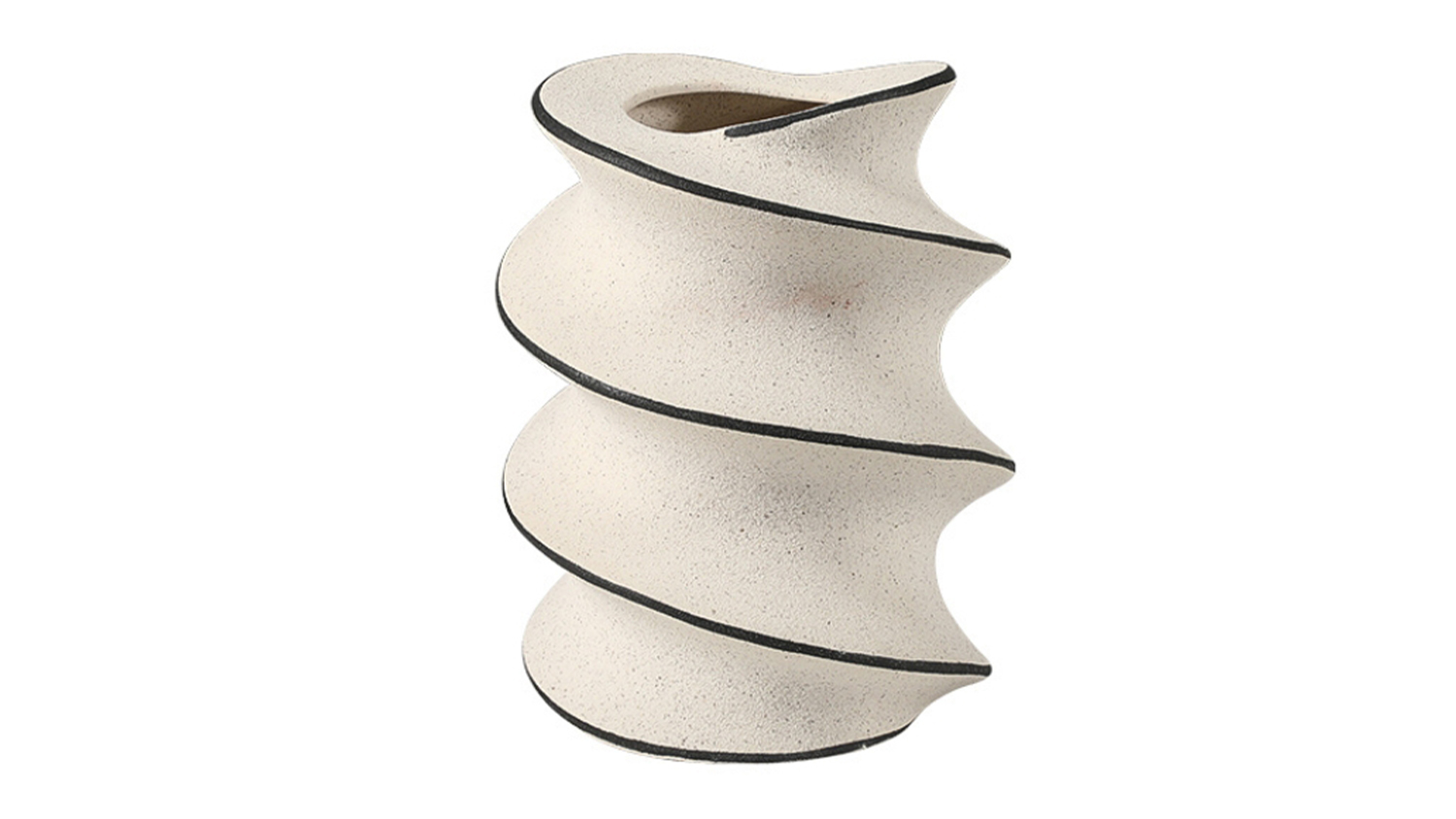 A textured, cream-coloured ceramic vase with a spiralling twisted design