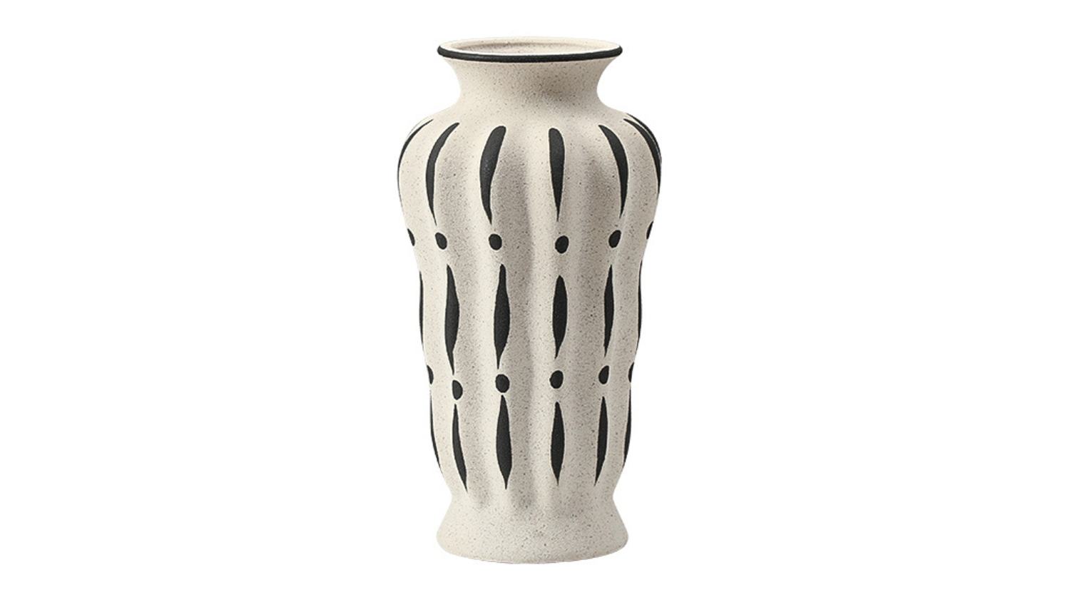 A light ceramic vase that features a pattern of stylised, vertical lines and dark brown dots
