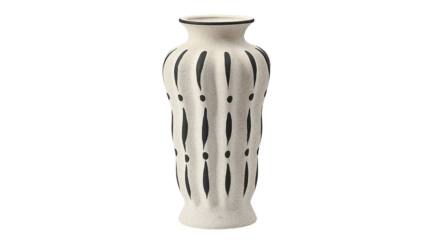 A light ceramic vase that features a pattern of stylised, vertical lines and dark brown dots