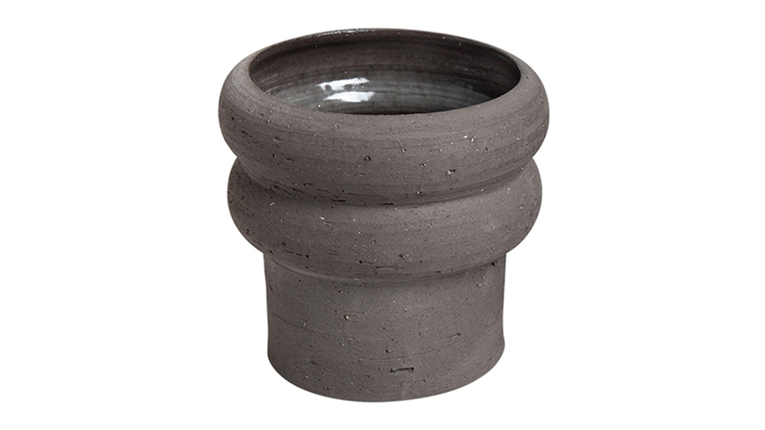 A black round ceramic planter with a wide opening and double rims