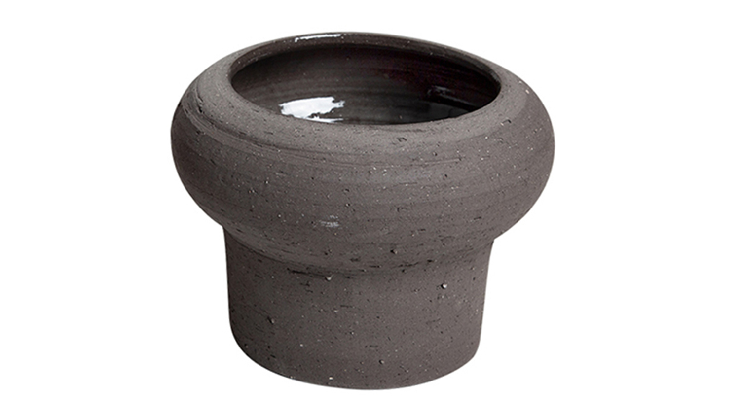 A black ceramic planter with a wide opening and a smooth, rounded rim